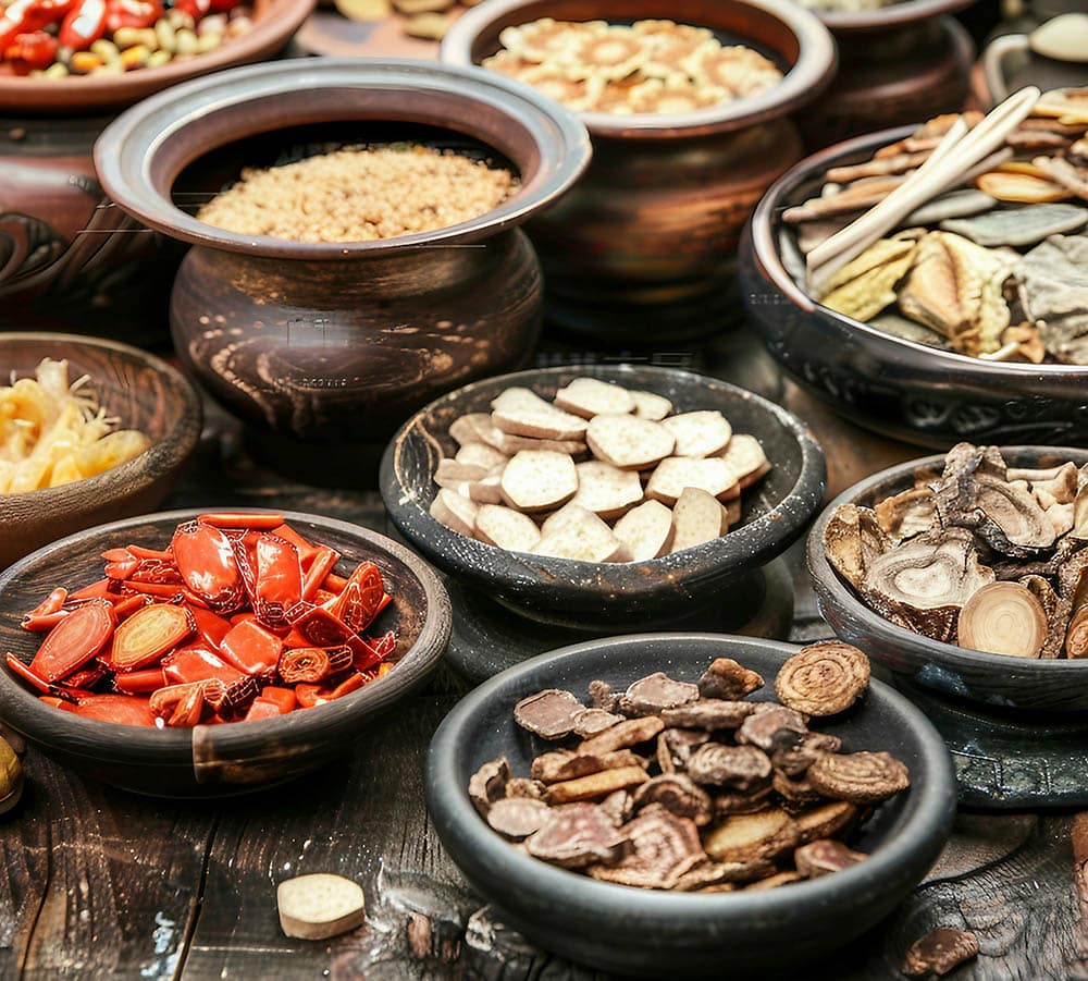 Traditional Chinese medicine ingredients in bowls on a wooden table